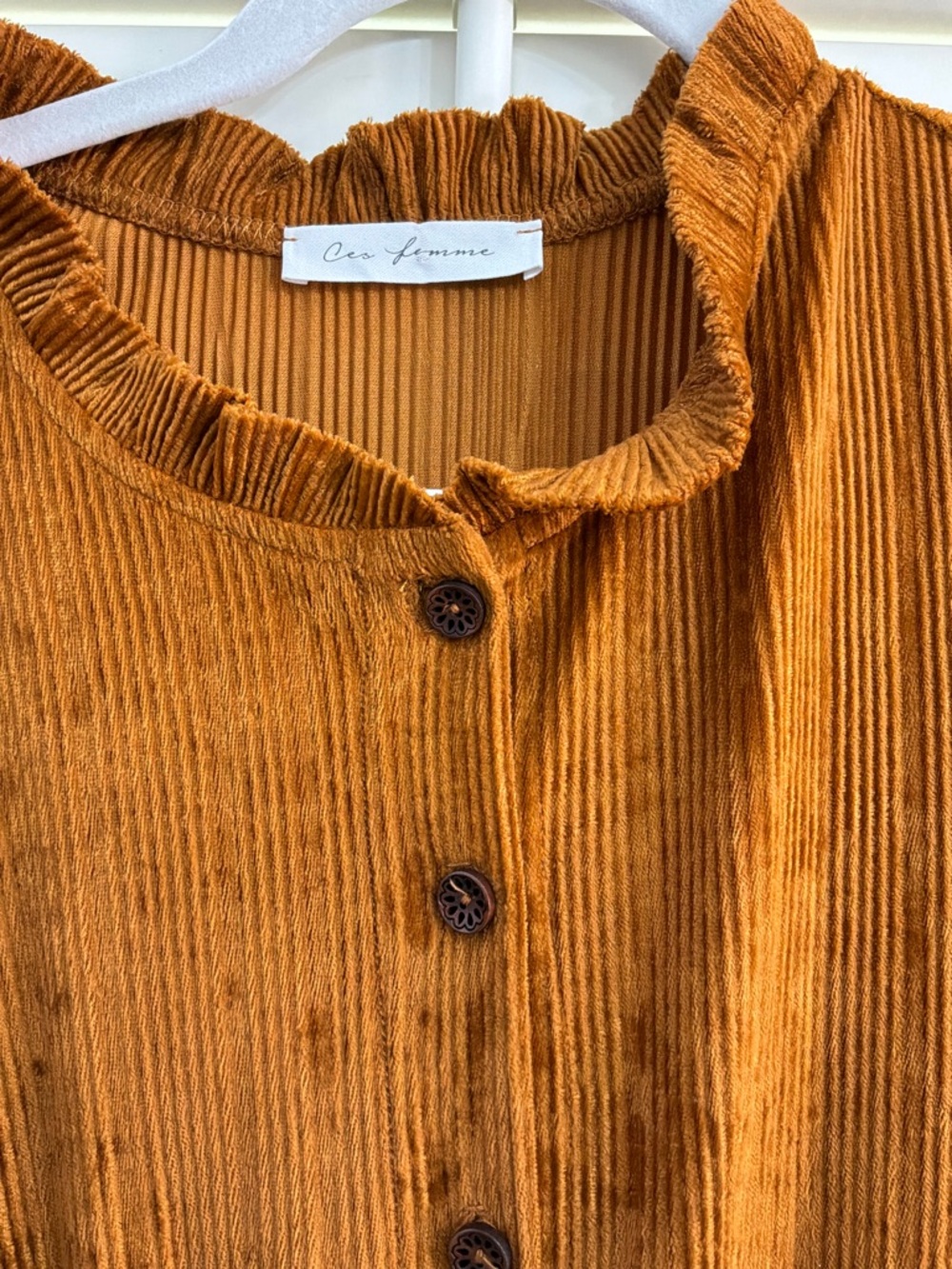 Ces Femme Rust Corduroy Midi Dress Ruffle Boho Prairie Kentucky Derby Style - Picture 4 of 5